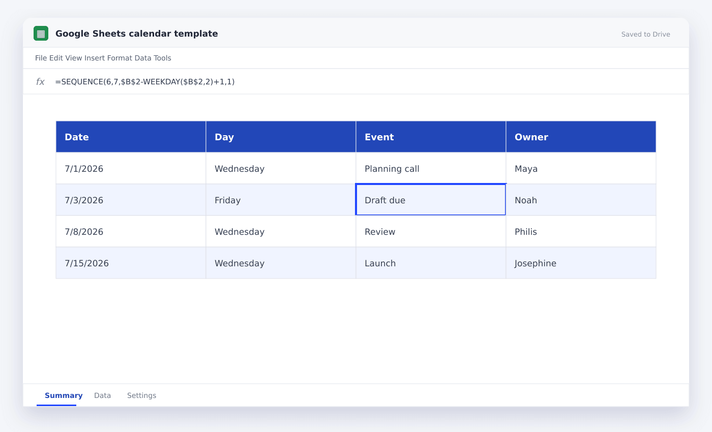 Google Sheets calendar template spreadsheet used in this article