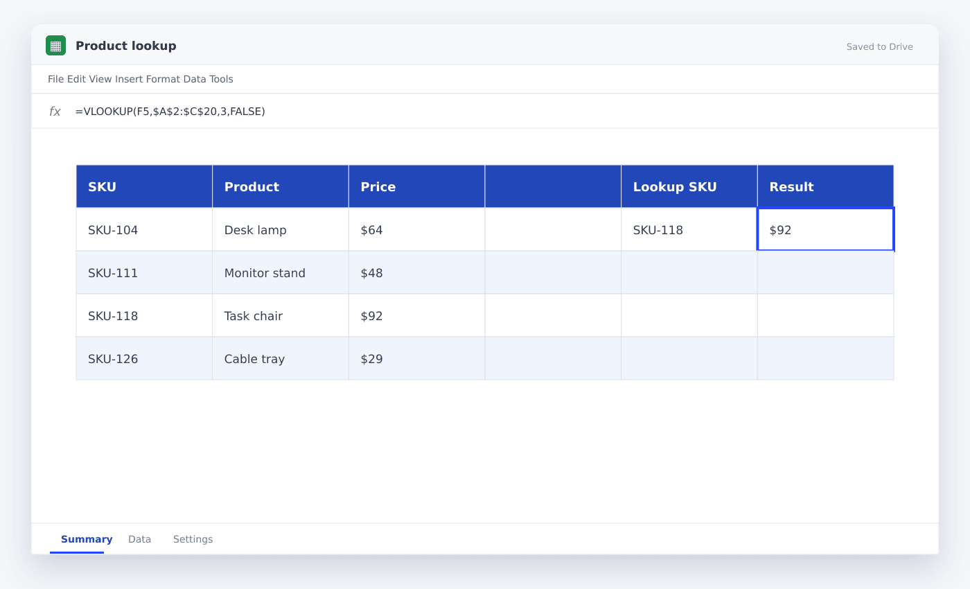 Product lookup spreadsheet used in this article