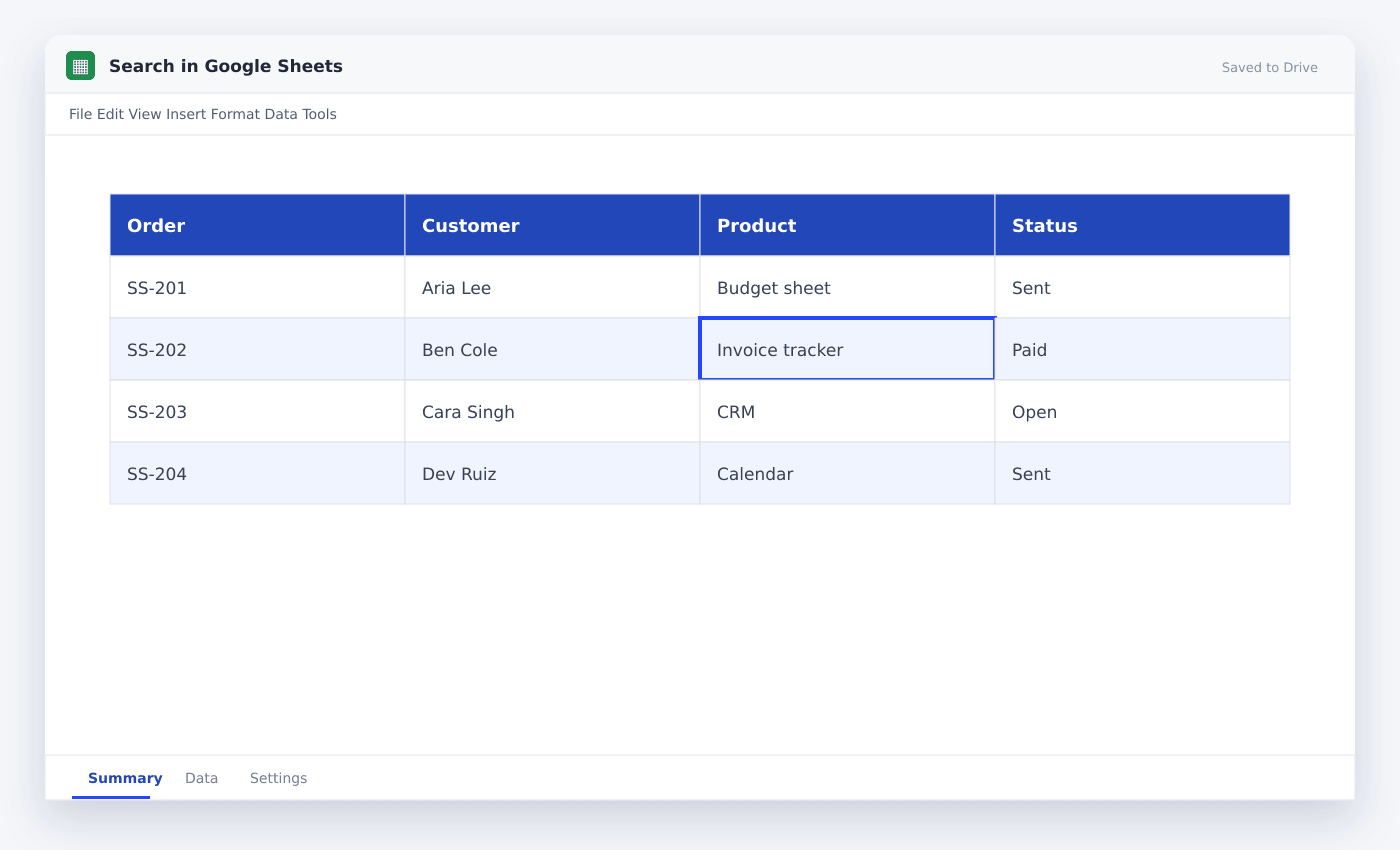 Search in Google Sheets spreadsheet used in this article