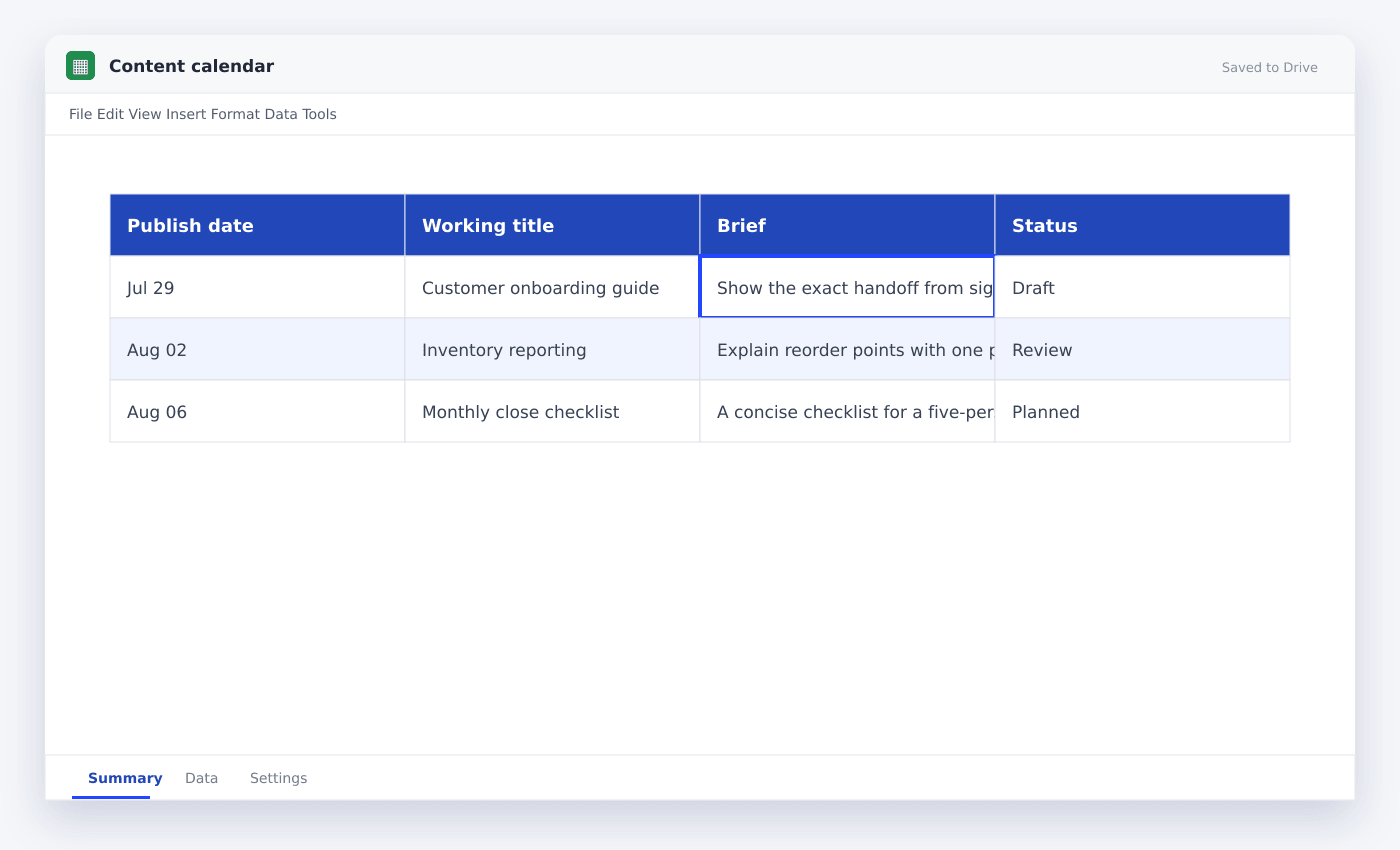 Content calendar spreadsheet used in this article