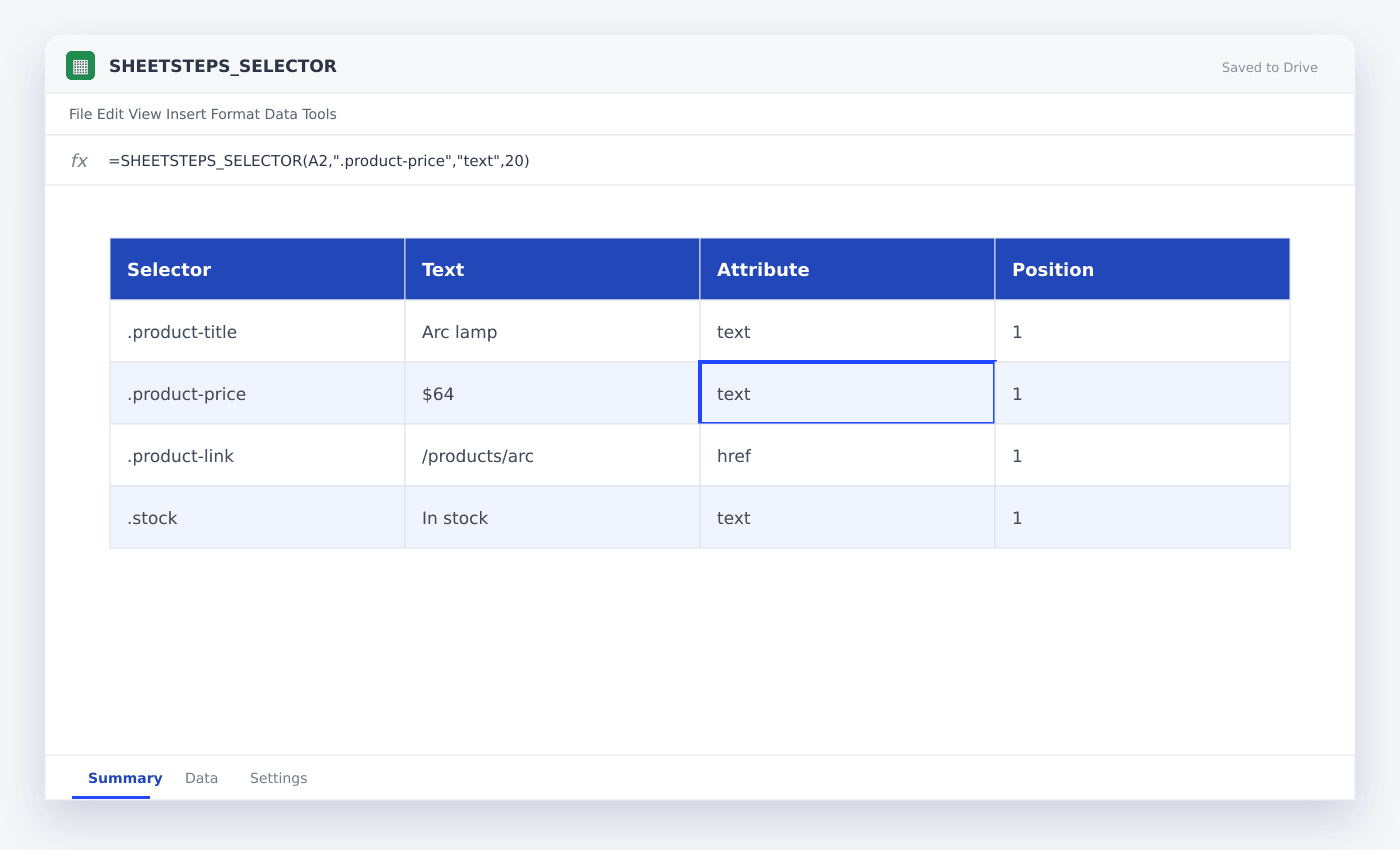 SHEETSTEPS_SELECTOR spreadsheet used in this article